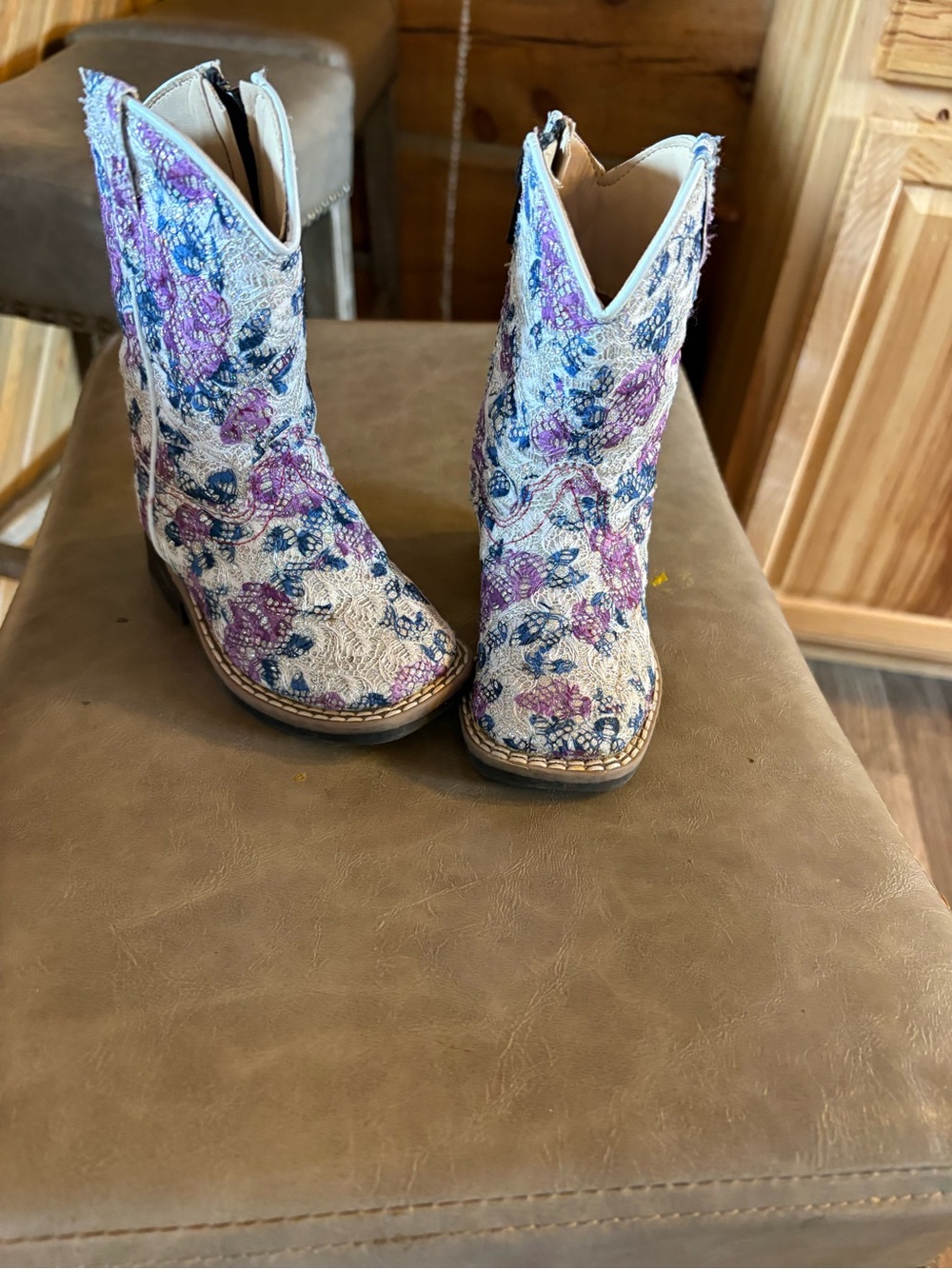Floral Embroidered Western Ankle Boots - Purple & Blue